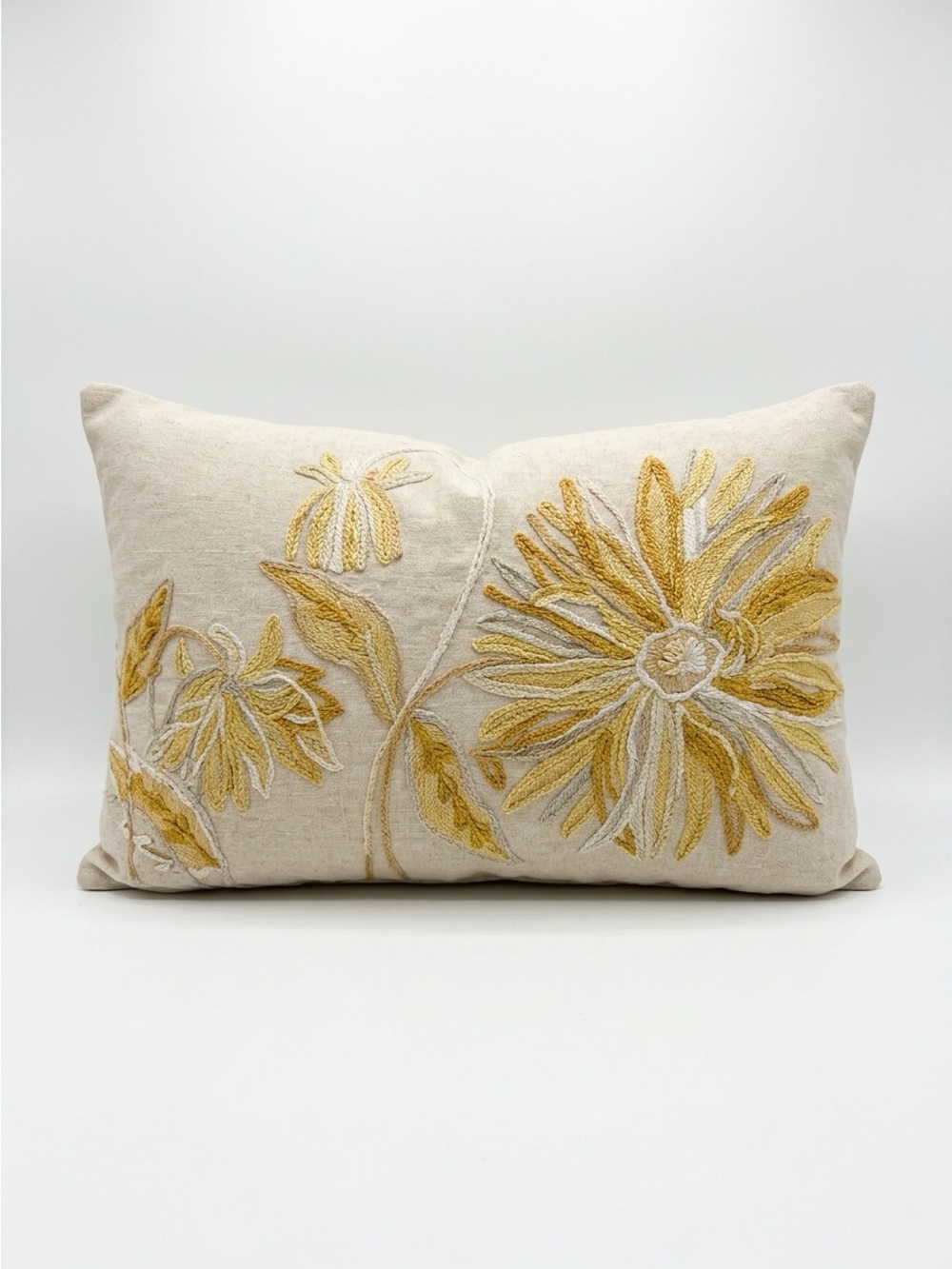 Pier 1 Embroidered Lumbar Pillow Chenille Floral Beige Gold 13x22
